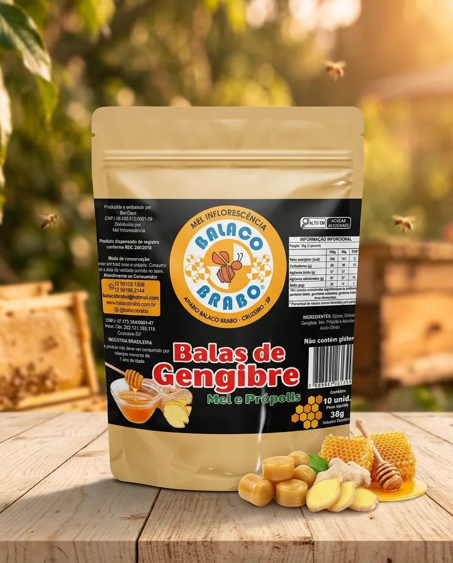 Sachê de balas de gengibre, mel e própolis