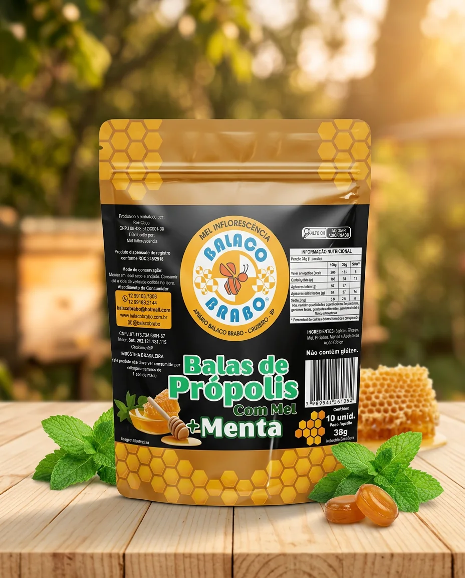 Sachê de balas de própolis com mel e menta